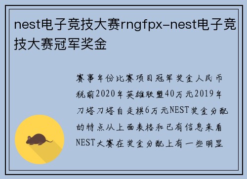 nest电子竞技大赛rngfpx-nest电子竞技大赛冠军奖金